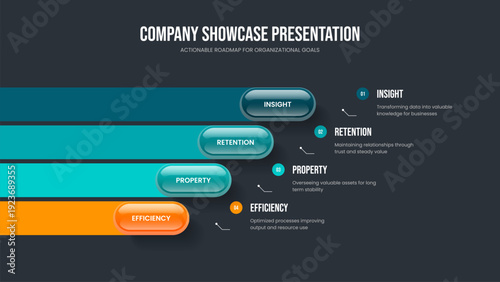 Visual Proposal Four Element Diagram Presentation Template. Digital Growth 4 Step Infographic Slide Layout. Business Showcase Frame Design Vector Illustration.