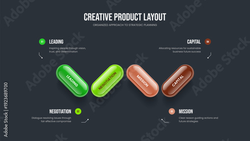 Modern Planning Slideshow Template Vector Illustration. Professional Proposal 4 Step Infographic Presentation Layout. Project Campaign Four Element Diagram Slide Design.
