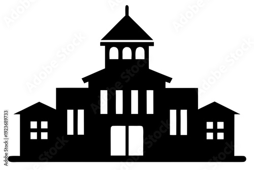 Black Silhouette of School Building with Clock – Minimalist Vector Illustration