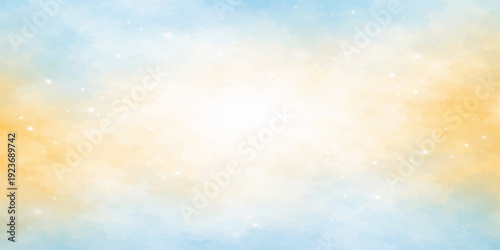 Abstract blue and colorful background with bokeh features a bright sunny sky filled with beautiful white fluffy clouds and glowing summer sunlight across the clear atmosphere