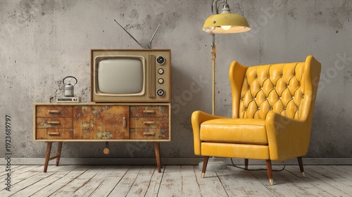 Vintage television and yellow armchair interior design with wooden furniture