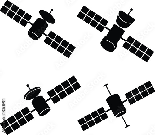 Satellite icon set illustration, space communication spacecraft symbols with solar panels, orbital technology concept, navigation transmission, black vector, isolated design