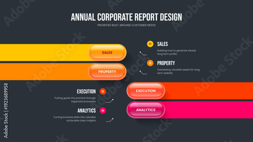 Creative Insight Presentation Template Vector Illustration. Sales Innovation Four Element Infographic Frame Design. Business Portfolio 4 Option Diagram Slideshow Layout.