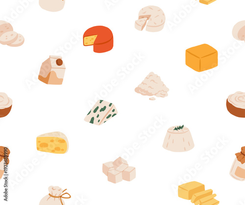 Flat vector dairy and cheese products seamless pattern isolated on white background. Milk, butter, eggs, cream, yogurt, cottage cheese, parmesan, cheddar, cheese cubes, dairy food collection