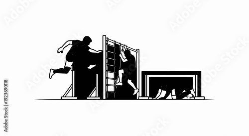 Silhouette of people completing an obstacle course with climbing and crawling