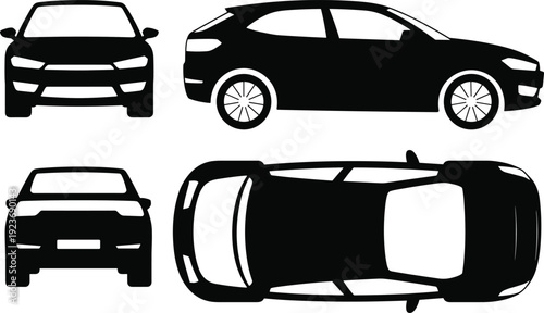 Car silhouette illustration showing front, rear, side, and top views, highlighting vehicle contours and design features for automotive projects, technical documentation, and creative assets