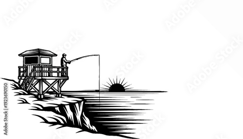 Silhouette of person fishing from a cliffside watchtower at sunrise