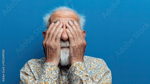 An elderly man looks at the camera, covering his face with his hands. Studio, isolated on blue background