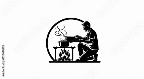 Silhouette of a person cooking noodles over an open fire
