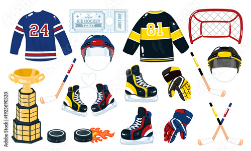 Cute Ice hockey sport equipment clipart collection
