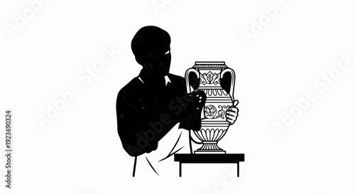 Silhouette of a person examining a decorative amphora on a pedestal