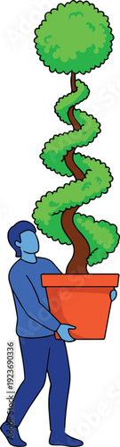 Man carrying potted spiral topiary tree illustration, gardener holding decorative plant in pot, landscaping and home garden concept isolated