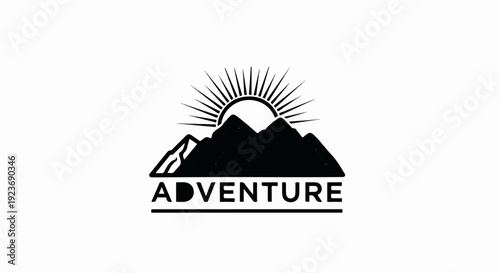 Silhouette of sun rising over mountains with text "ADVENTURE" below