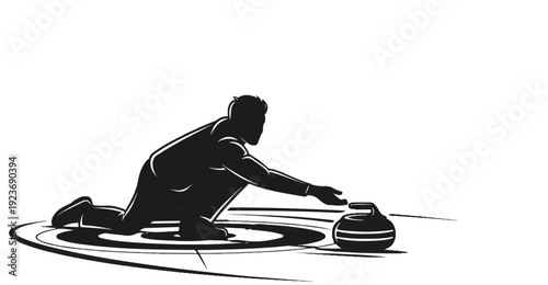 Silhouette of a person in a low crouch, pushing a curling stone