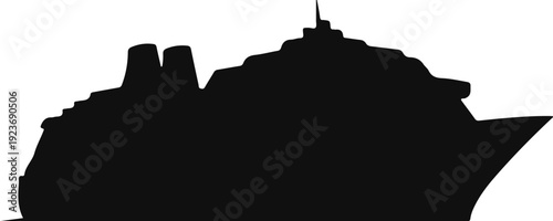 Silhouette of a large cruise ship with multiple decks and smokestacks