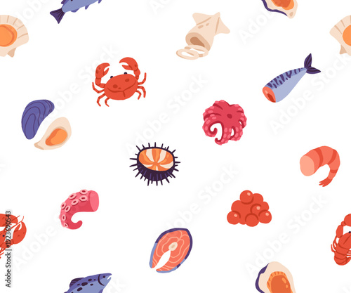 Seafood and fish vector seamless pattern. Flat cartoon marine food illustration collection, ocean animals, shellfish, shrimp, crab, lobster, mussels, salmon, healthy protein food icons