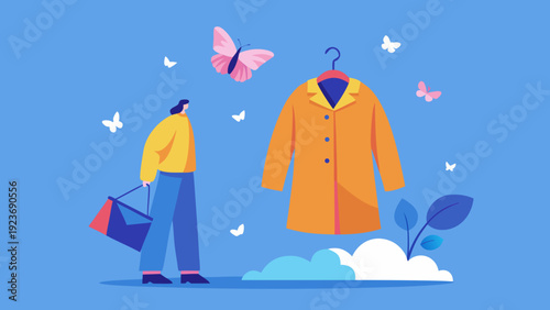 Conceptual vector illustration of a heavy winter coat hanging on a hook, and next to it, person stepping out in bright t-shirt.  Symbolizing change and warmth.