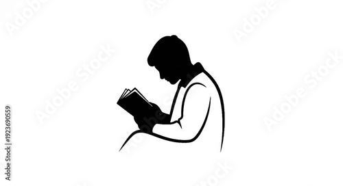 Silhouette of a person reading a book, profile view, black and white
