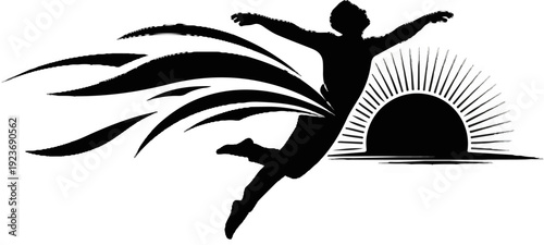 Silhouette of a joyful person jumping with a sunburst and abstract waves