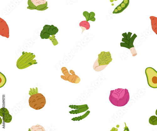 Collection of various vegetables isolated on white background. Healthy vegetarian food. Bundle of organic natural crops, salads, greens and herbs. Colorful vector seamless pattern, flat cartoon style