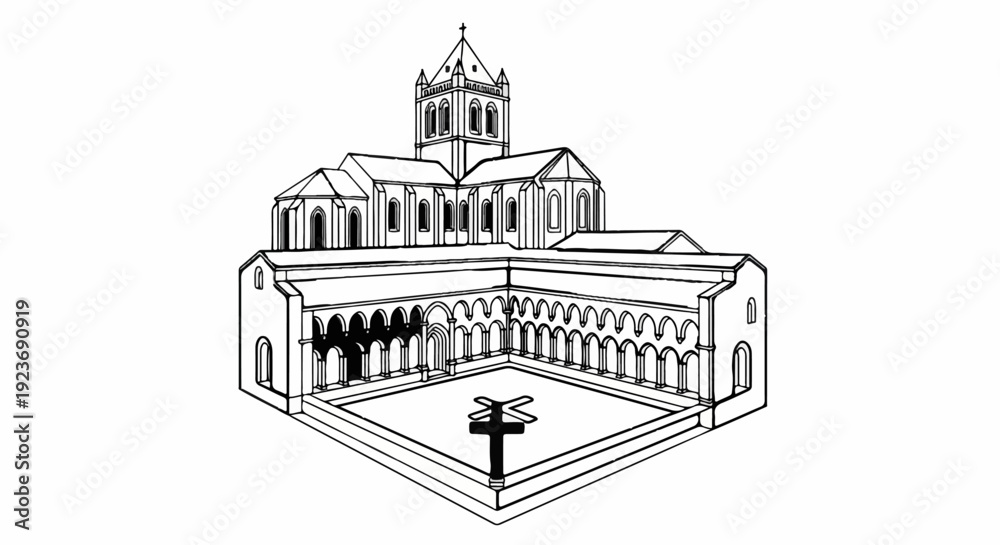 Fototapeta premium Ornate cloister structure with a central cross, detailed architectural illustration