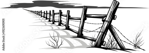 Rustic wooden fence receding into distance under a dramatic sky