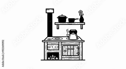 Rustic wood-burning stove with kettle, pots, and a shelf