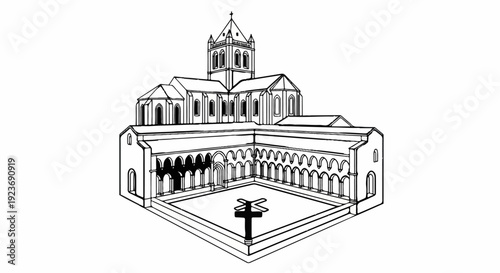 Ornate cloister structure with a central cross, detailed architectural illustration