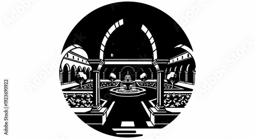 Ornate courtyard with arched walkways, a central fountain, manicured gardens, and trees