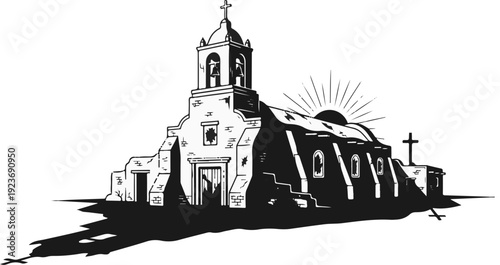Silhouette of a historic mission church with a sunburst behind it