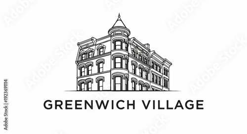 Ornate building with turret and text below