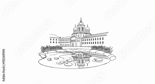 Ornate building with domed roofs and pond with lily pads