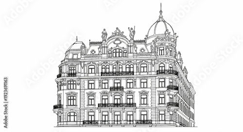 Ornate building with a dome, balconies, and statues, rendered in outline