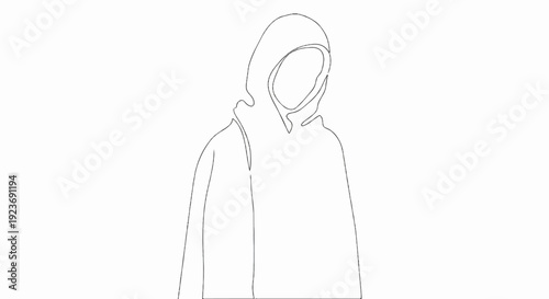 Minimalist line art of a figure wearing a hooded garment