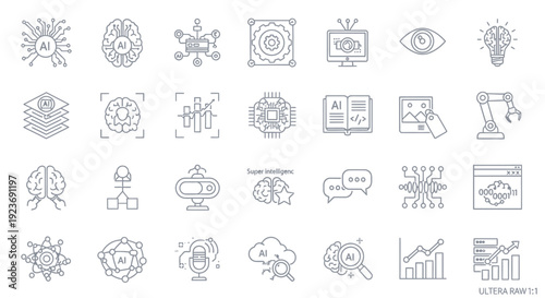Collection of artificial intelligence and technology related line icons