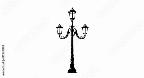Ornate black lamppost with three lights and decorative metalwork