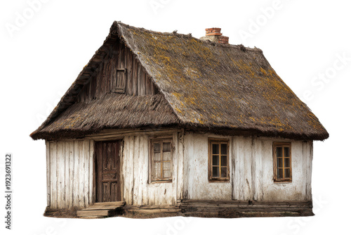 Old rustic wooden cottage with thatched roof isolated on transparent background. Old thatched roof cottage with white wooden walls isolated on white background.