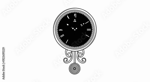 Ornate black clock face with Roman numerals, pendulum below with floral detail