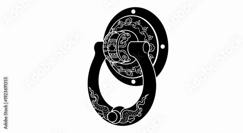 Ornate black door knocker with dragon details