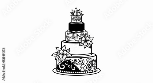 Ornate black and white tiered cake with floral decorations
