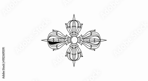 Ornate black and white symbolic object with four pointed ends