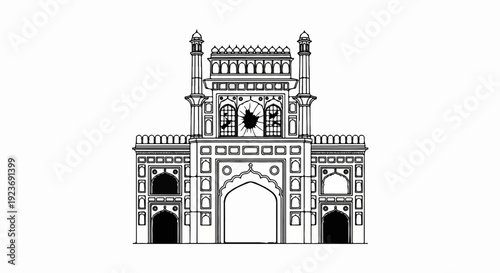 Ornate entryway with broken windows and arched doorways, two towers