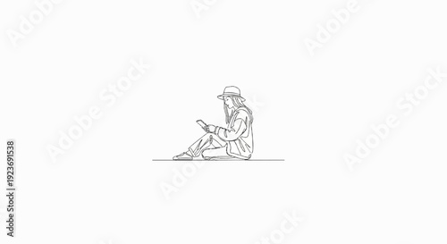 Minimalist line drawing of a person in a hat engrossed in their mobile device