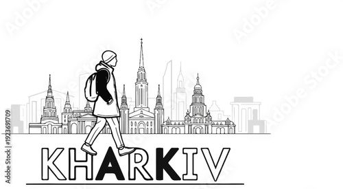 Silhouette walker with backpack against a sketched city skyline and large text