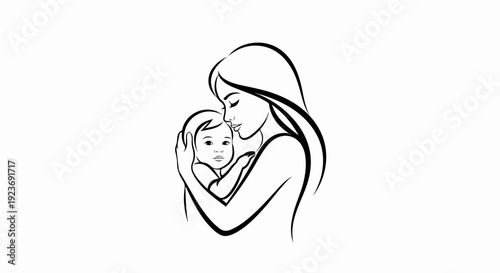 Minimalist outline illustration of a mother gently holding her baby