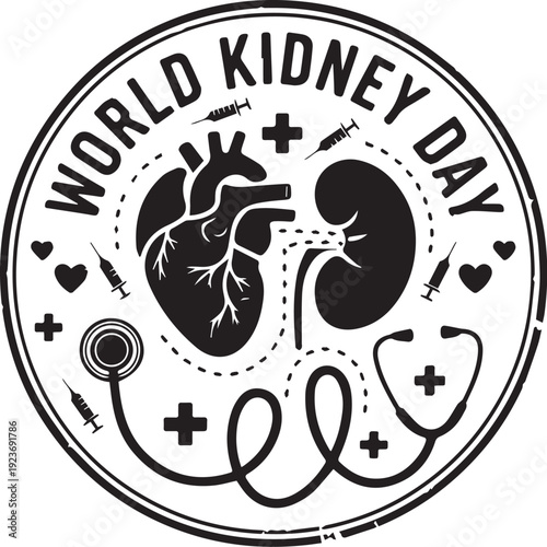 World Kidney Day circular emblem illustration with heart kidneys stethoscope syringes crosses medical awareness vector design