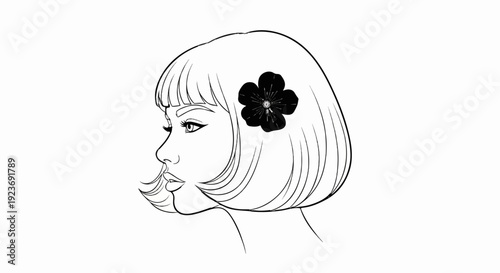 Minimalist outline of a woman's face in profile with a dark flower in her bobbed hair