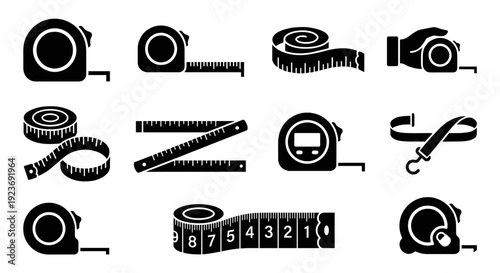 Measuring Tape and Ruler Silhouette Icon Set for Construction and Sewing