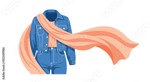 A denim jacket and matching jeans are draped with a flowing orange fabric scarf creating a casual fashion display.