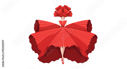 A stylized woman models an extravagant red pleated gown with a giant bow, voluminous skirt, and elaborate headpiece.
